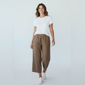 Habitat Elastic Waist Button Detail Cropped Linen Pants Brown Size Large